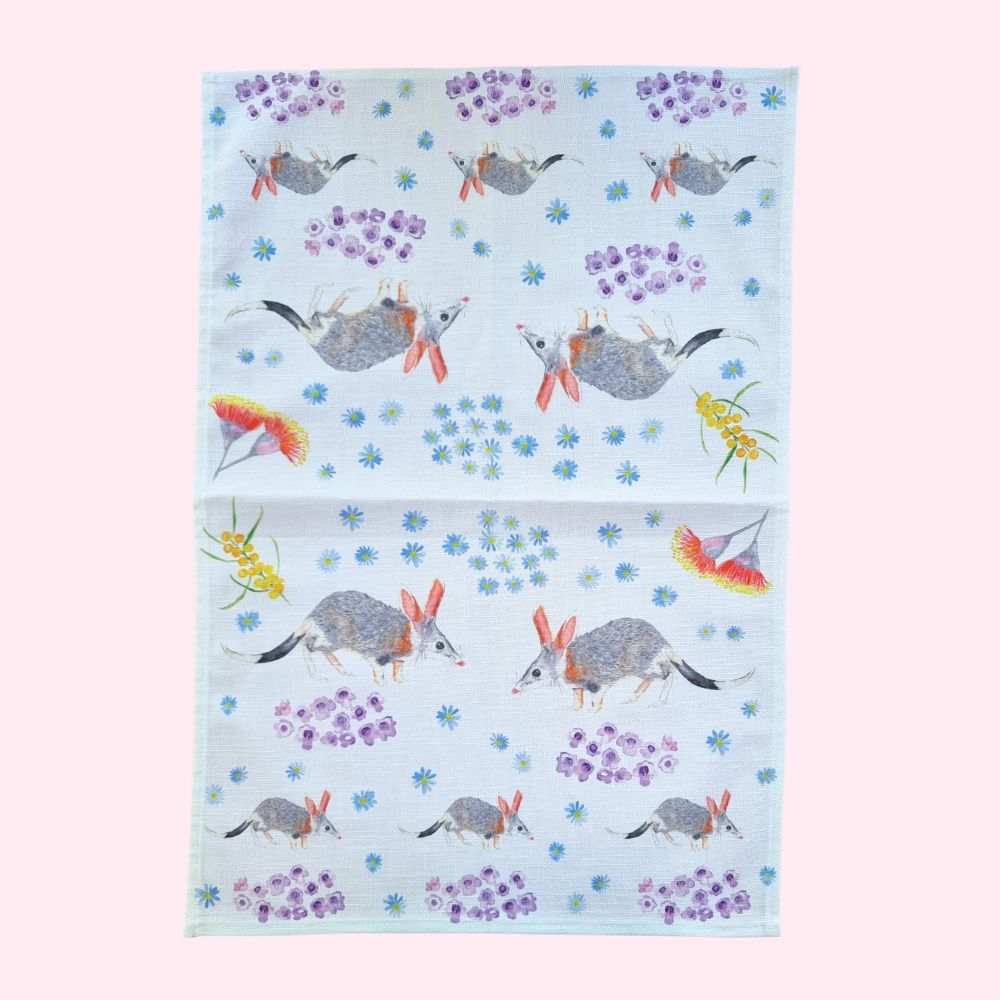 Full Bilby tea towel. Exclusive Twizzle Designs cotton and linen tea towels make the best gift for any occasions. Supports bilby conservation.