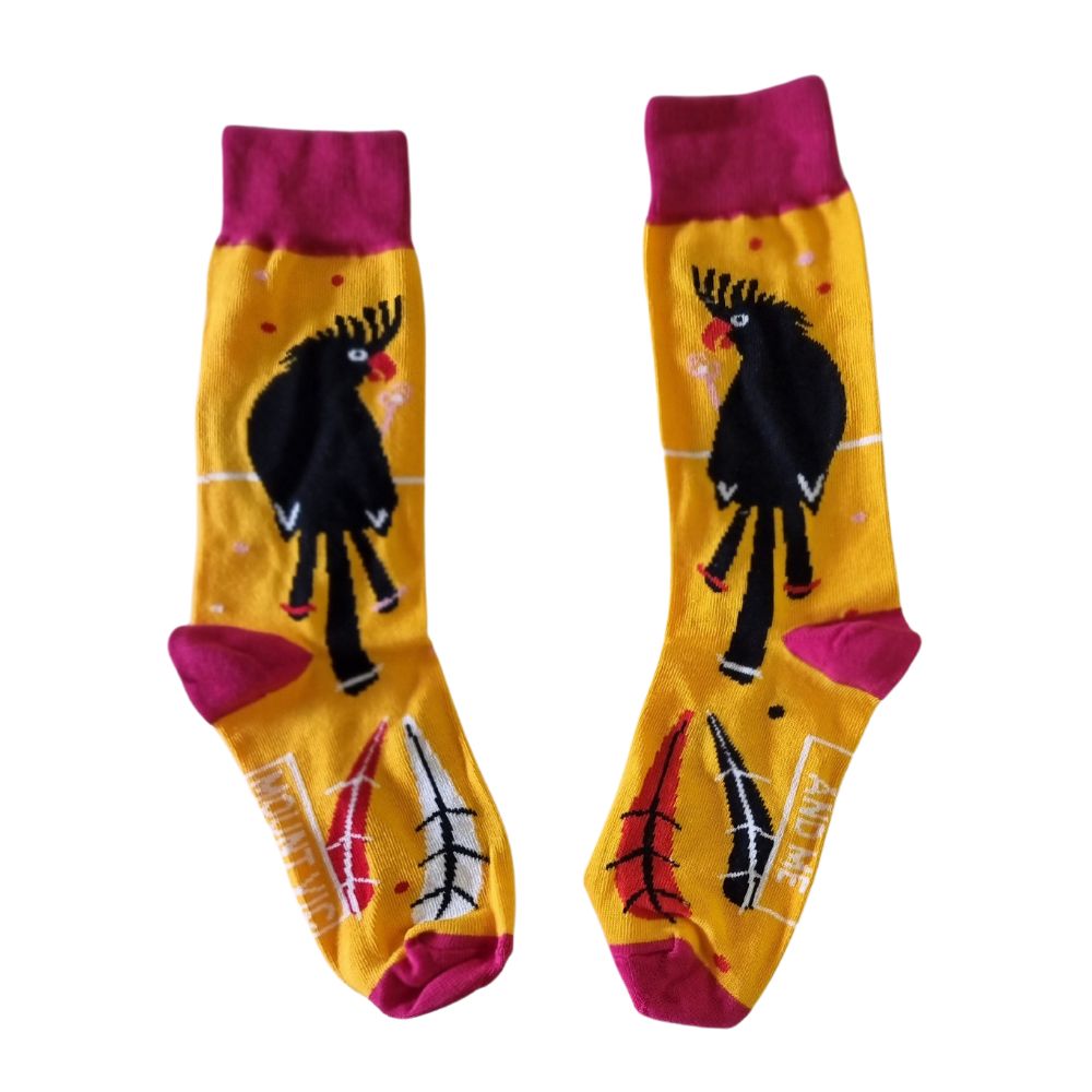 All Australian iconic Black Cockatoo socks - designed and made Downunder for Aussies. Black cockatoo socks with yellow background and red band & heel. Fun socks, bright and comfortable cotton rich socks.