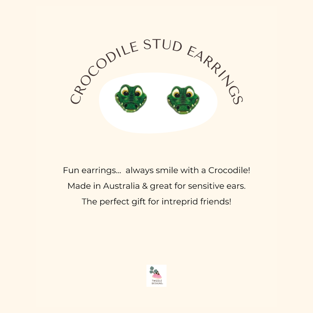 Crocodile stud earrings made in Australia. Recycled and Upcycled wildlife earrings. Perfect for sensitive ears.
