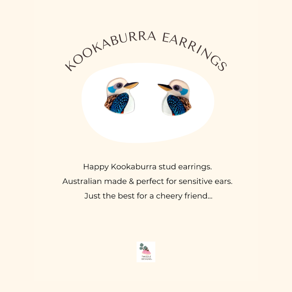 Kookaburra stud earrings made in Australia. Upcycled and recycled wildlife earrings. Perfect for sensitive ears.