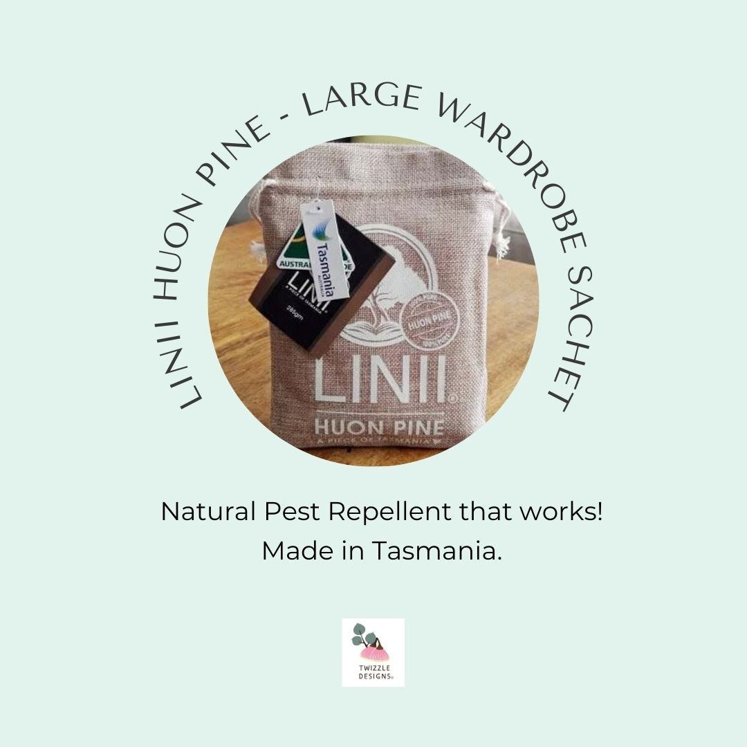 Keep pests out of your cupboards with Linni Huon Pine sachets. Linii Huon Pine is a natural pest repellent agains moths, silverfish, mites and fleas. Rainforest scented and Tasmanian made.