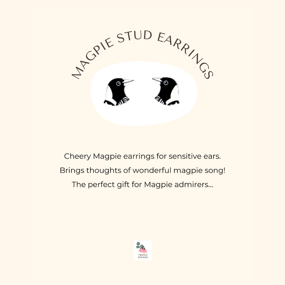 Magpie stud earrings made in Australia. Recycled and Upcycled wildlife earrings. Perfect for sensitive ears.