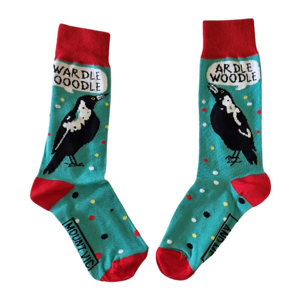 All Australian warbling Magpie song socks - designed and made in Australia. Unique and fun socks for bird lovers. Great gift for magpie fans. Happy magpie socks.