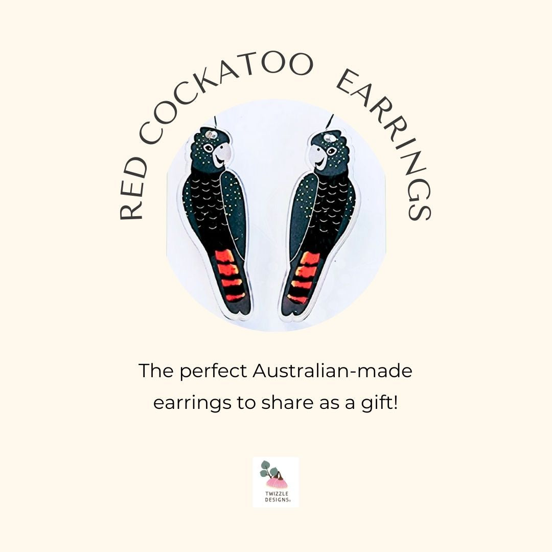 Red Tail Black Cockatoo earrings. Australian made earrings. Best eco gift for bird lovers. Suits sensitive ears.