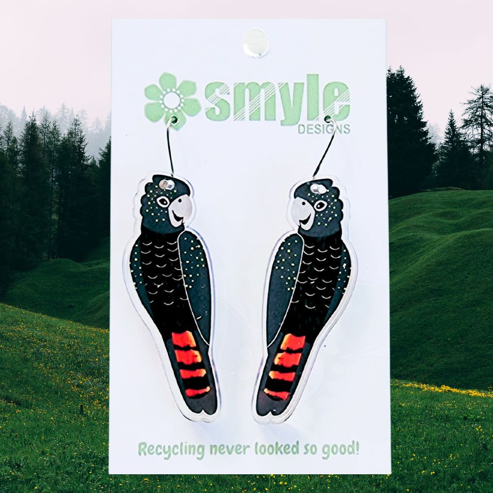 Red Tail Black Cockatoo earrings. Australian made earrings. Best eco gift for bird lovers. Suits sensitive ears.
