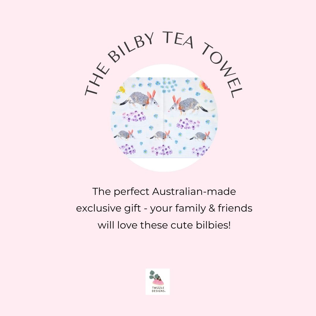 Bilby tea towel. Exclusive Twizzle Designs cotton and linen tea towels make the best gift for any occasions. Supports bilby conservation.