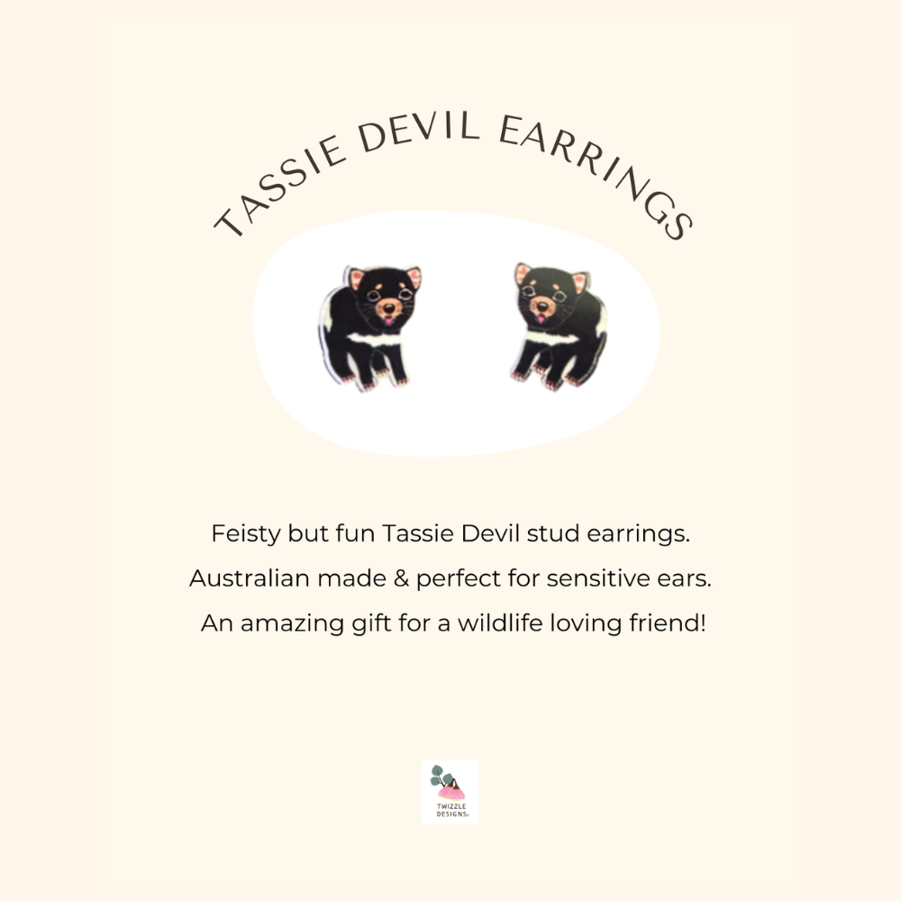 Tassie Devil stud earrings made in Australia. Recycled and Upcycled wildlife earrings. Perfect for sensitive ears.