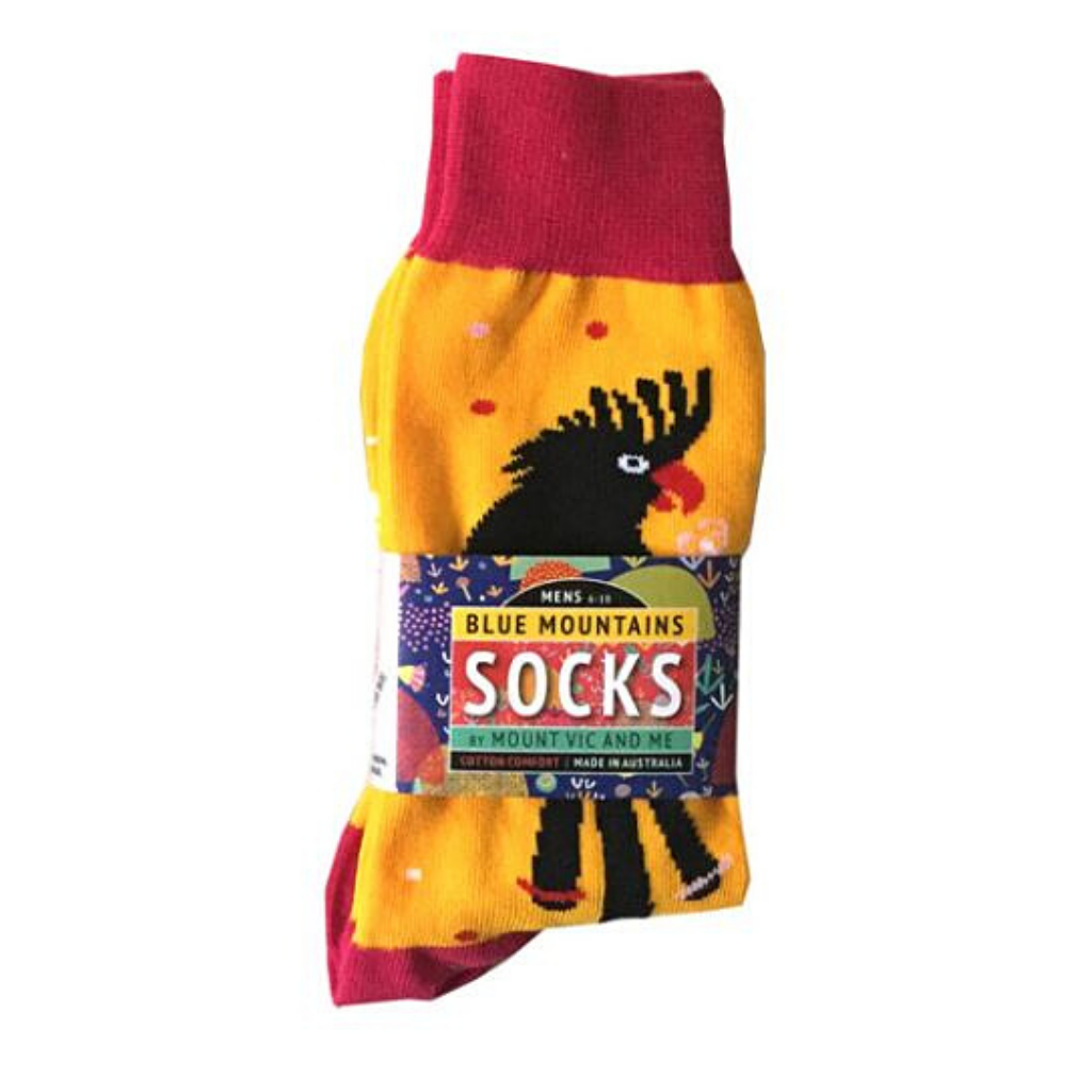 All Australian iconic Black Cockatoo socks - designed and made Downunder for Aussies. Black cockatoo socks with yellow background and red band & heel. Fun socks, bright and comfortable cotton rich socks.