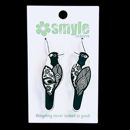 Magpie earrings. Recycled acrylic earrings. Best eco gift for bird lovers. Suits sensitive ears.
