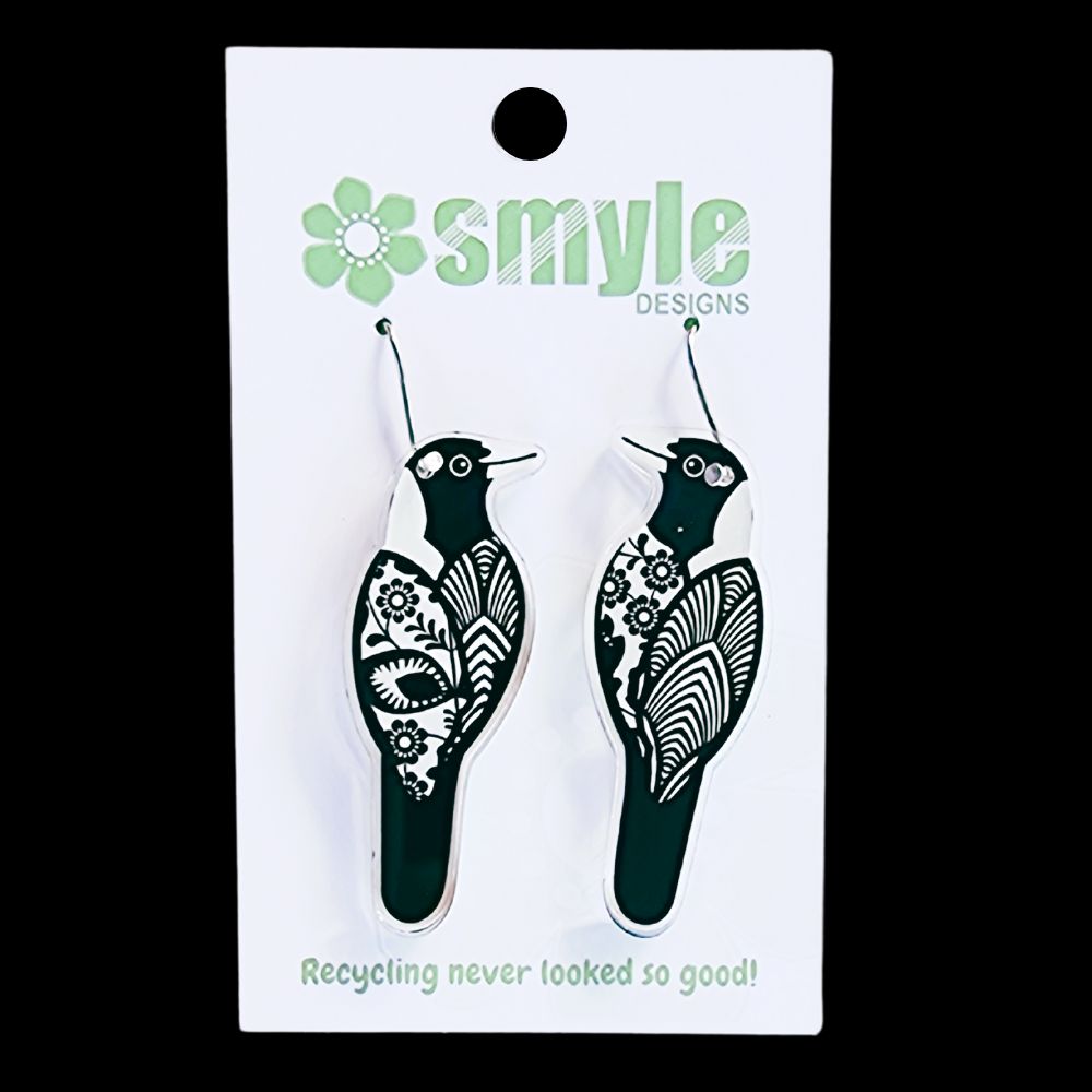 Magpie earrings. Recycled acrylic earrings. Best eco gift for bird lovers. Suits sensitive ears.