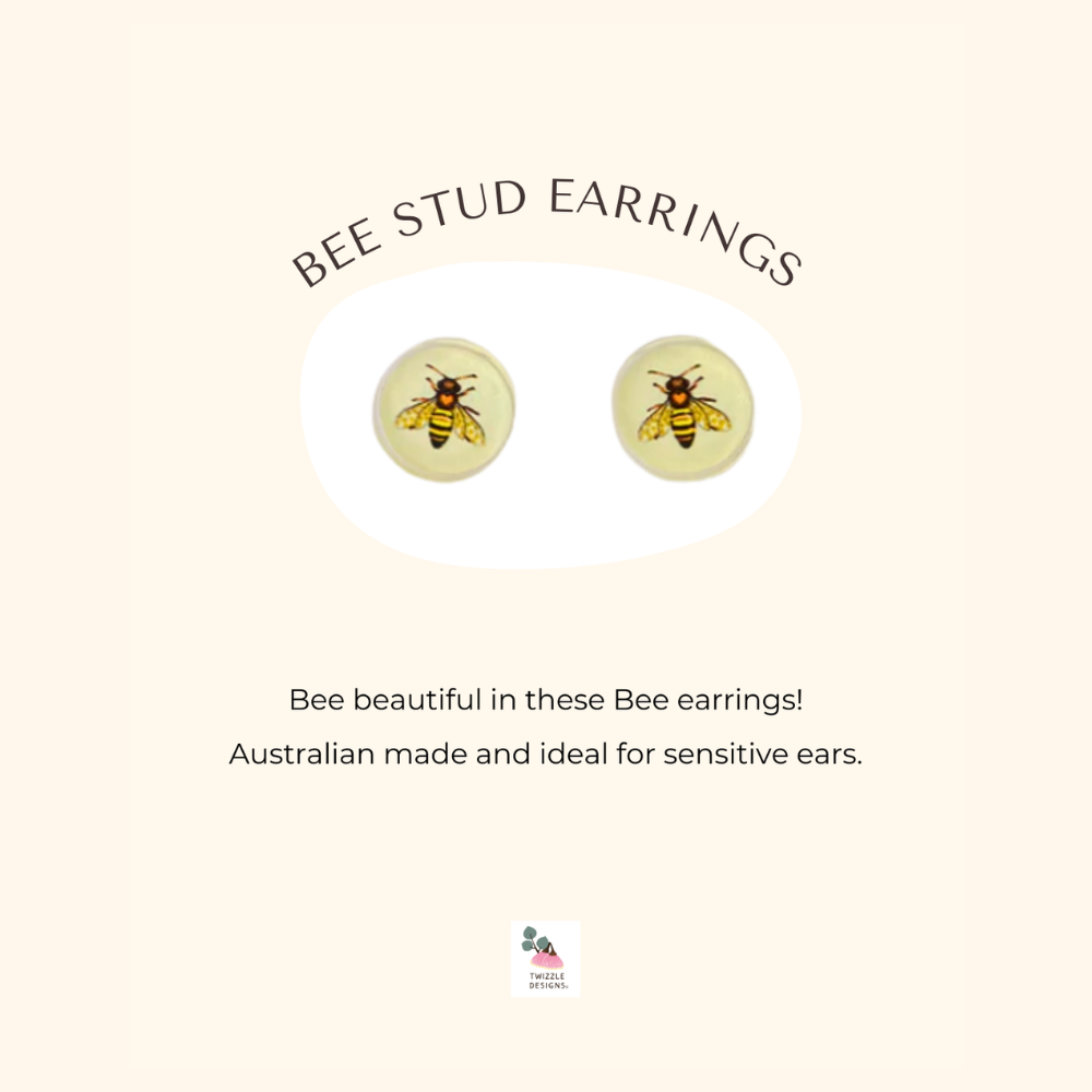 Bee stud earrings made in Australia. Recycled and Upcycled wildlife earrings. Perfect for sensitive  ears. 