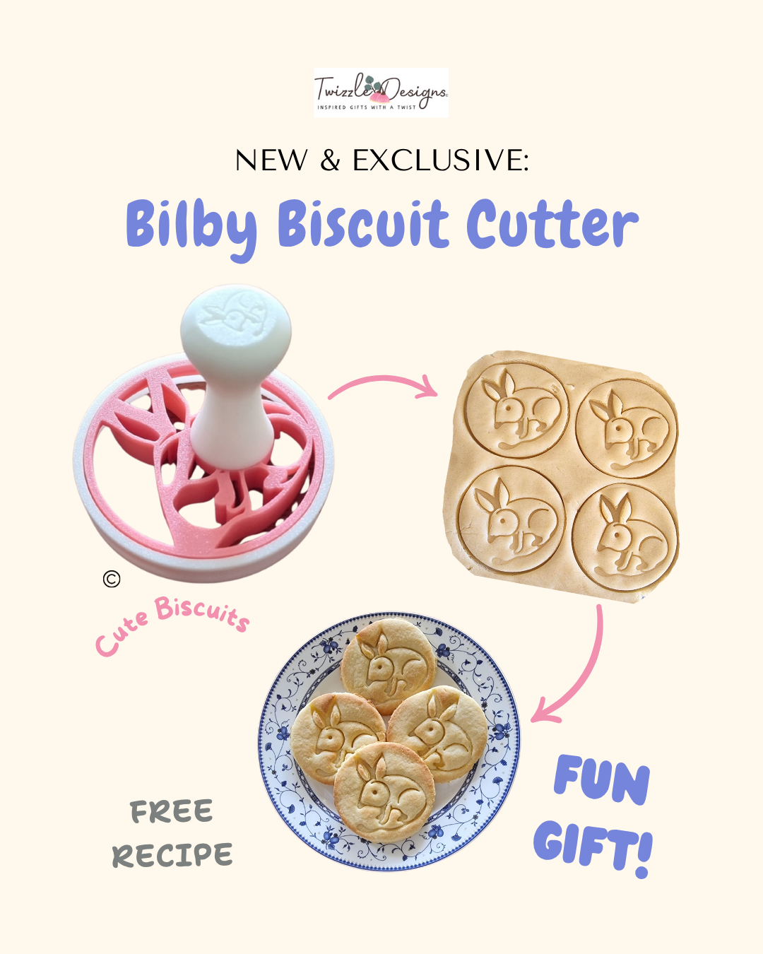 New Bilby Biscuit Cutter - exclusive to Twizzle Designs. Australian made and eco friendly. Food Safe materials. Cute gift for Christmas.