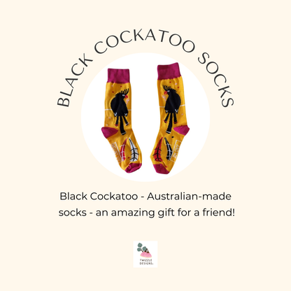 All Australian iconic Black Cockatoo socks - designed and made Downunder for Aussies. Black cockatoo socks with yellow background and red band &amp; heel. Fun socks, bright and comfortable cotton rich socks.