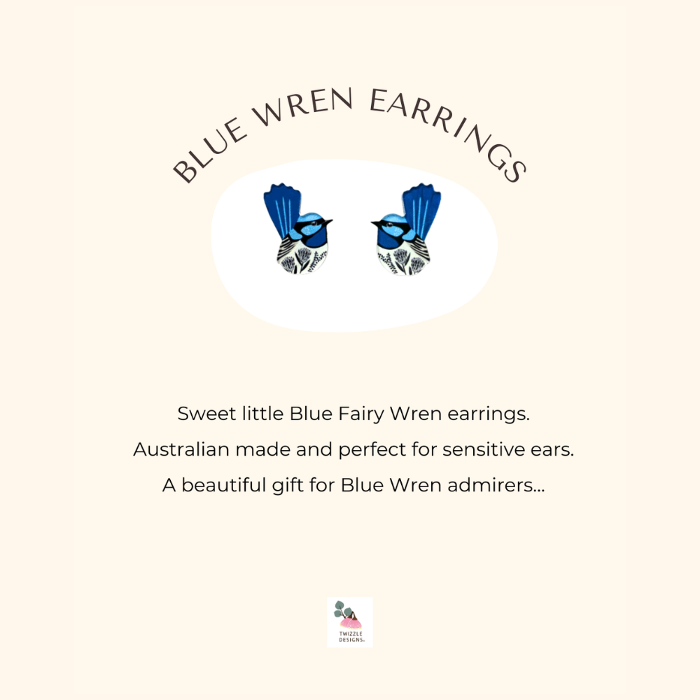 Blue Fairy Wren stud earrings made in Australia. Recycled and Upcycled wildlife earrings. Perfect for sensitive  ears. 