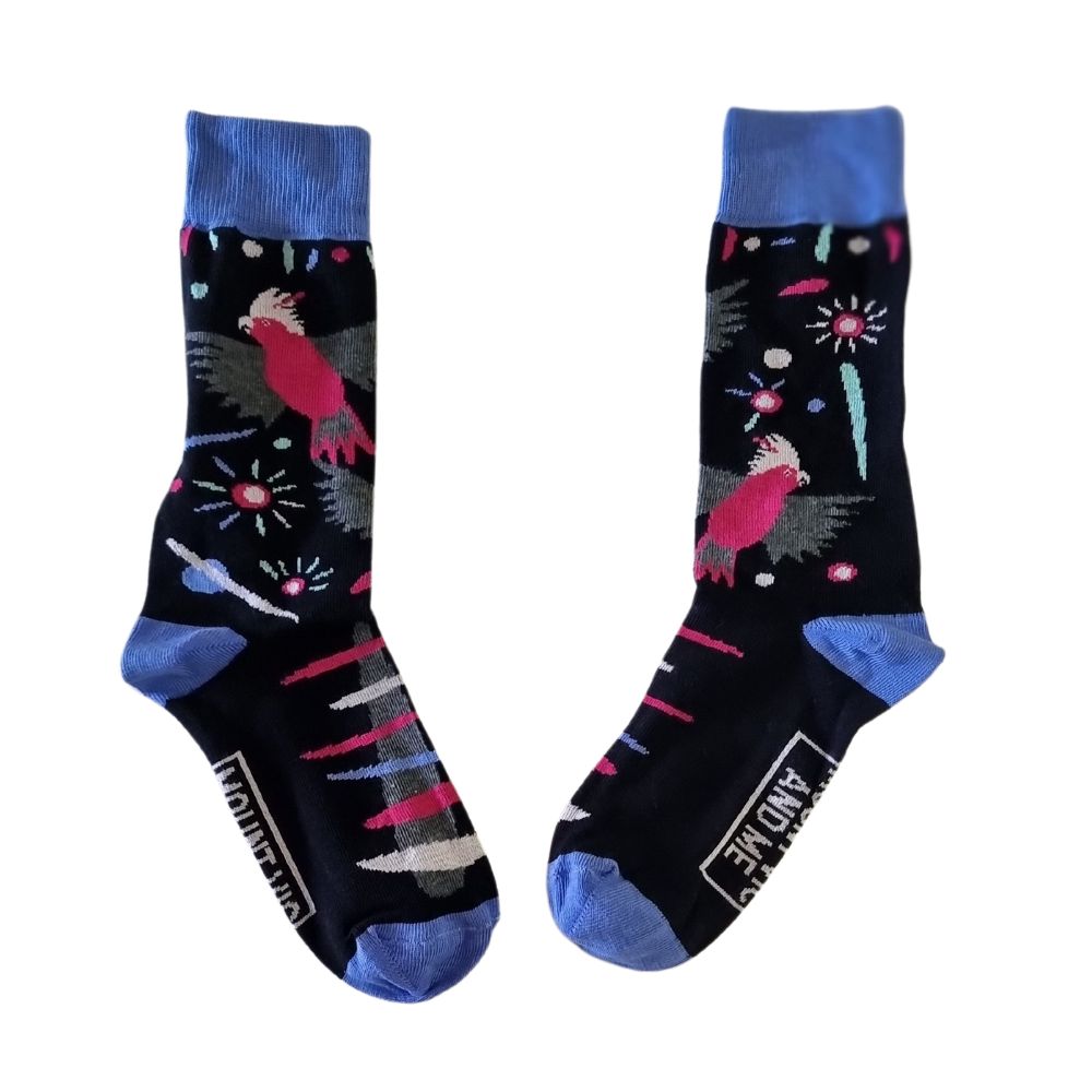 All Australian designed and made pink and grey Galah socks - designed and made downunder. Unqiue gift for hard to buy for friends. Fun and unuusal gift.