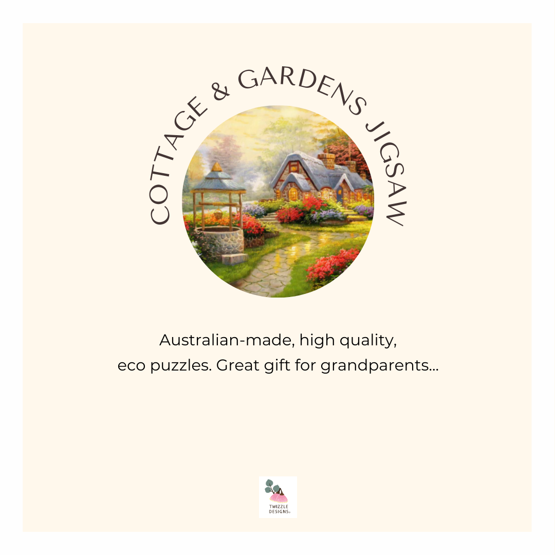 Australian made eco friendly jigsaw puzzles make excellent gifts for all ages. QPuzzles are jigsaw puzzles for women, men, children and families. Unusual and different gifts. Cottage and gardens 1000 piece jigsaw puzzle.