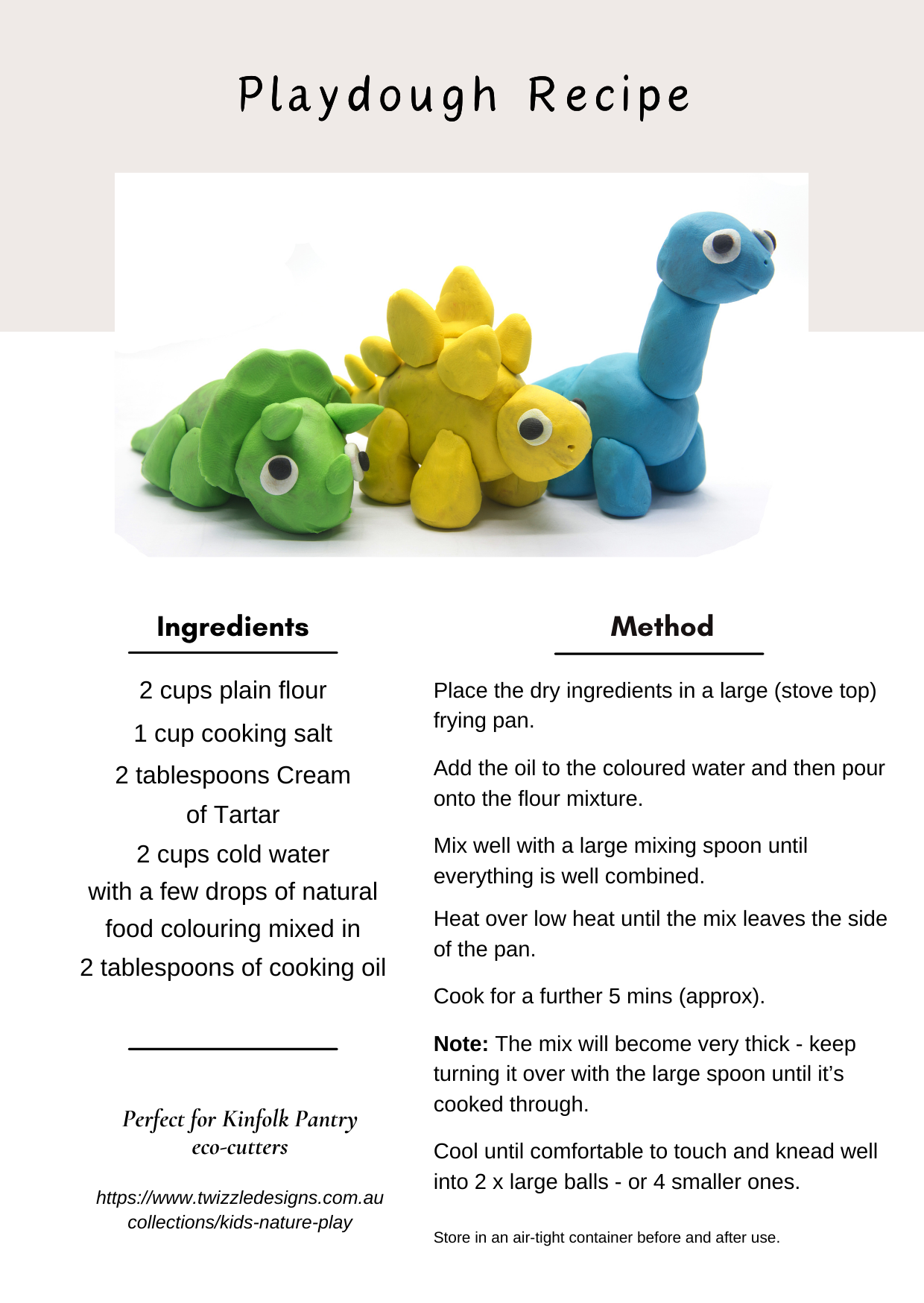 Play Dough Recipe for Kinfolk Pantry eco-cutters. Fun play dough for kids.  Recipe from Twizzle Designs.