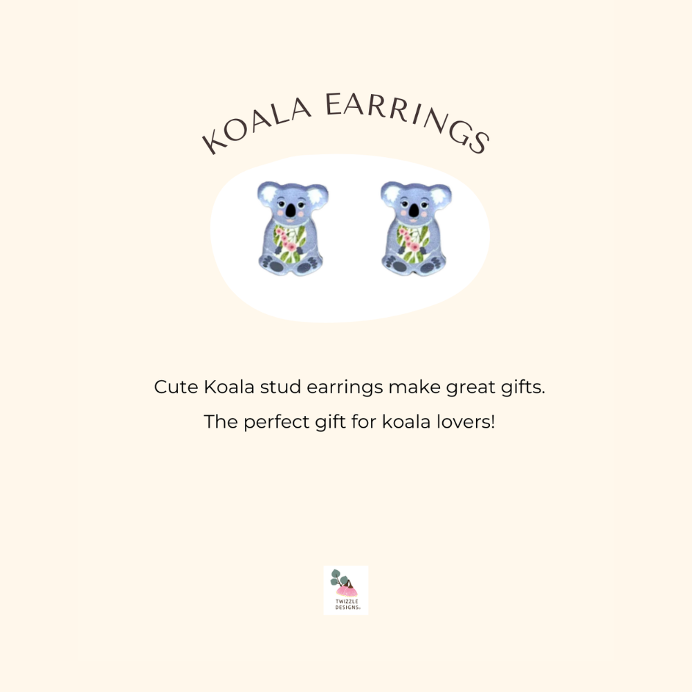 Aussie Koala stud earrings made in Australia. Recycled and Upcycled wildlife earrings. Perfect for sensitive  ears. 
