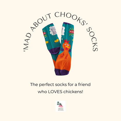 Twizzle Designs have Australian made, and Australian Owned fun, colourful socks. Chook socks are the perfect gift for chicken lovers.