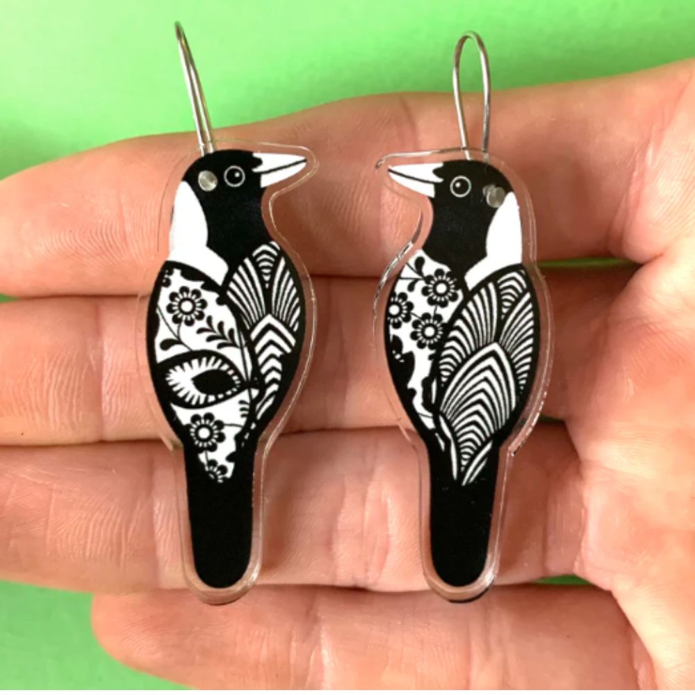 Magpie earrings form magpie lovers. Australian bird earrings. Perfect for sensitive ears. See this pic for earring size.