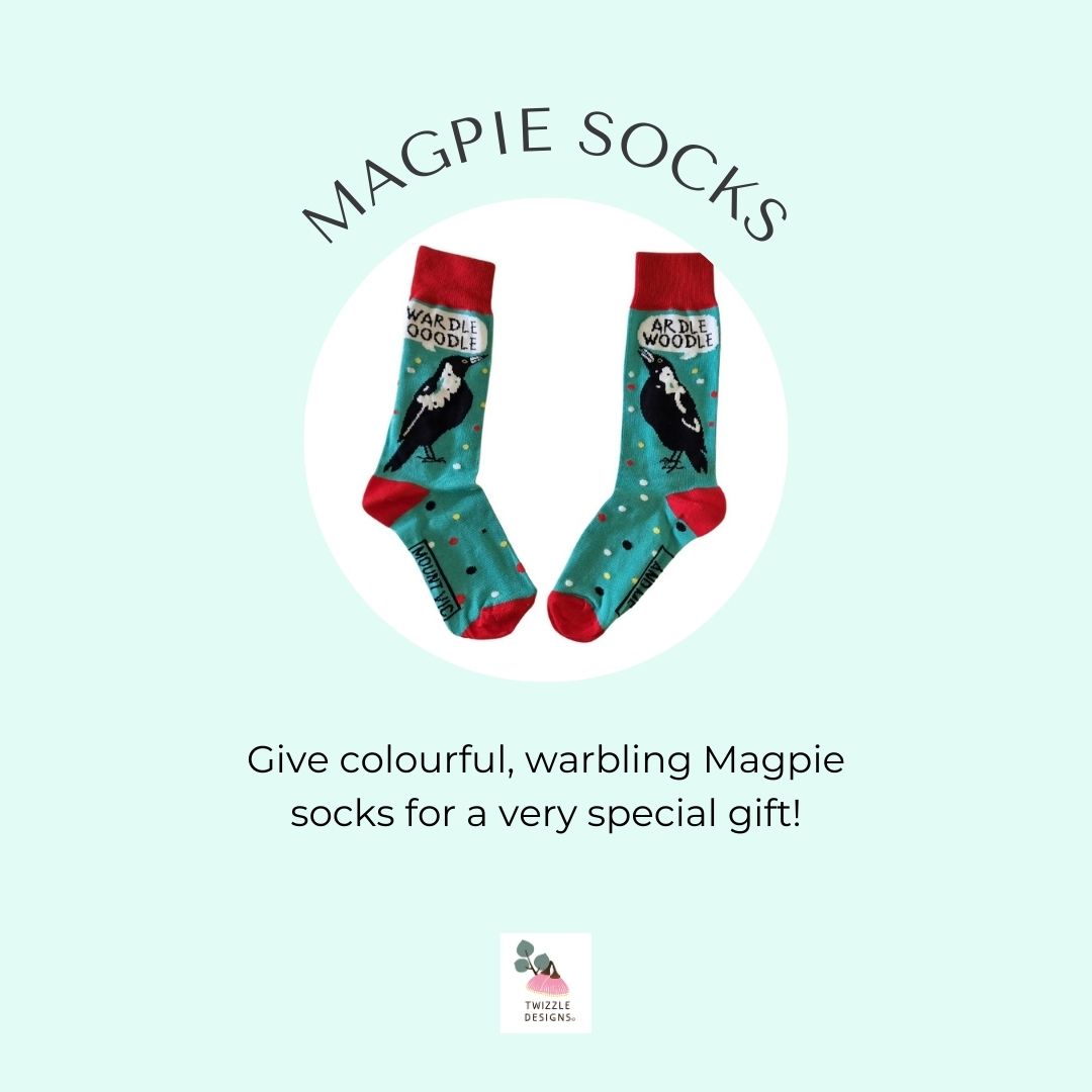 All Australian warbling Magpie song socks - designed and made in Australia. Unique and fun socks for bird lovers. Great gift for magpie and sports fans. 
