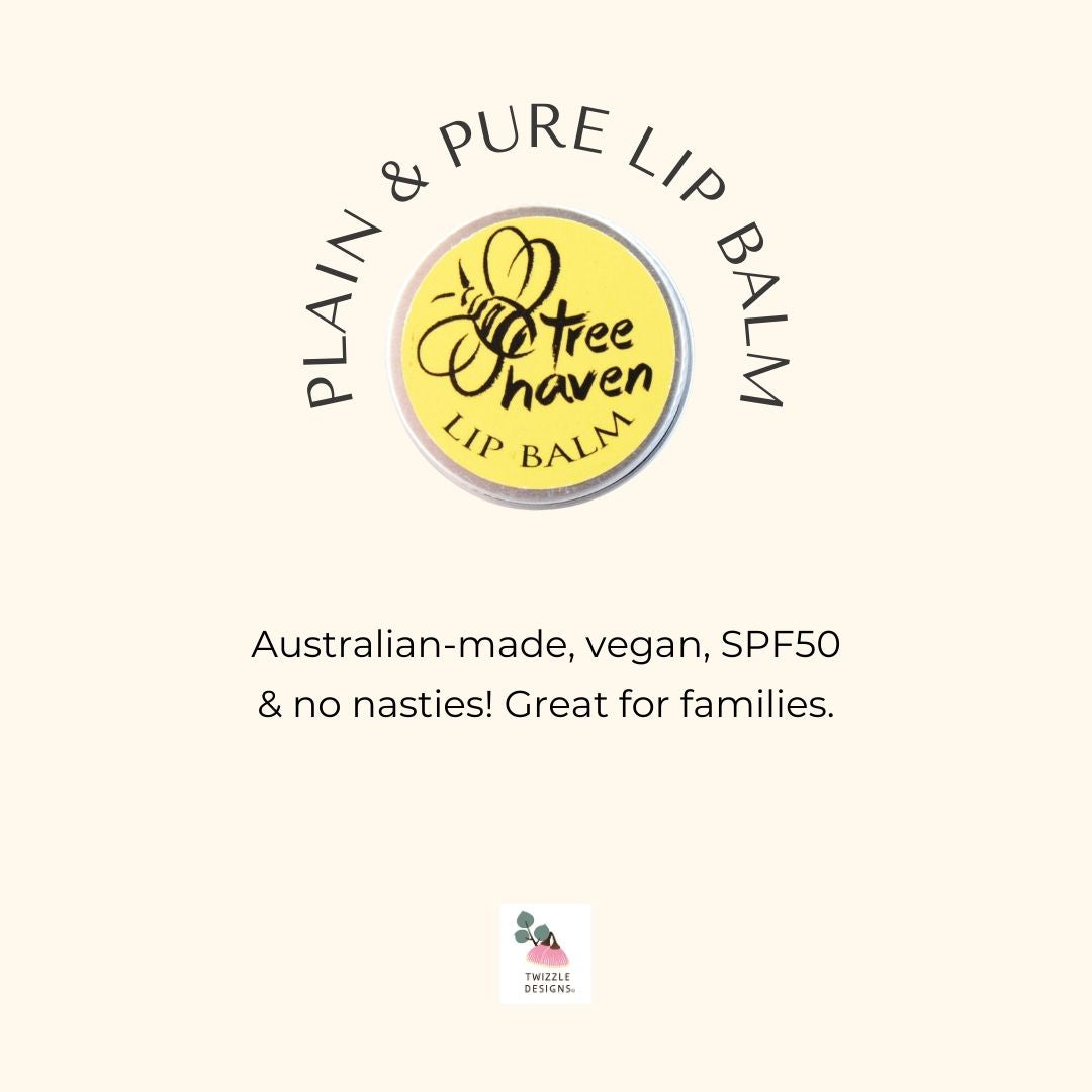 All natural Tree Haven Plain &amp; Pure lip balm is made in Queensland. Long lasting moisturising natural lip balm.