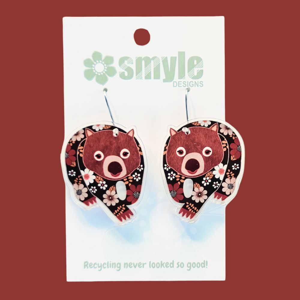 Wombat earrings with a flower power twist. Recycled acrylic earrings. Best eco gift for native wildlife fans. Suits sensitive ears.