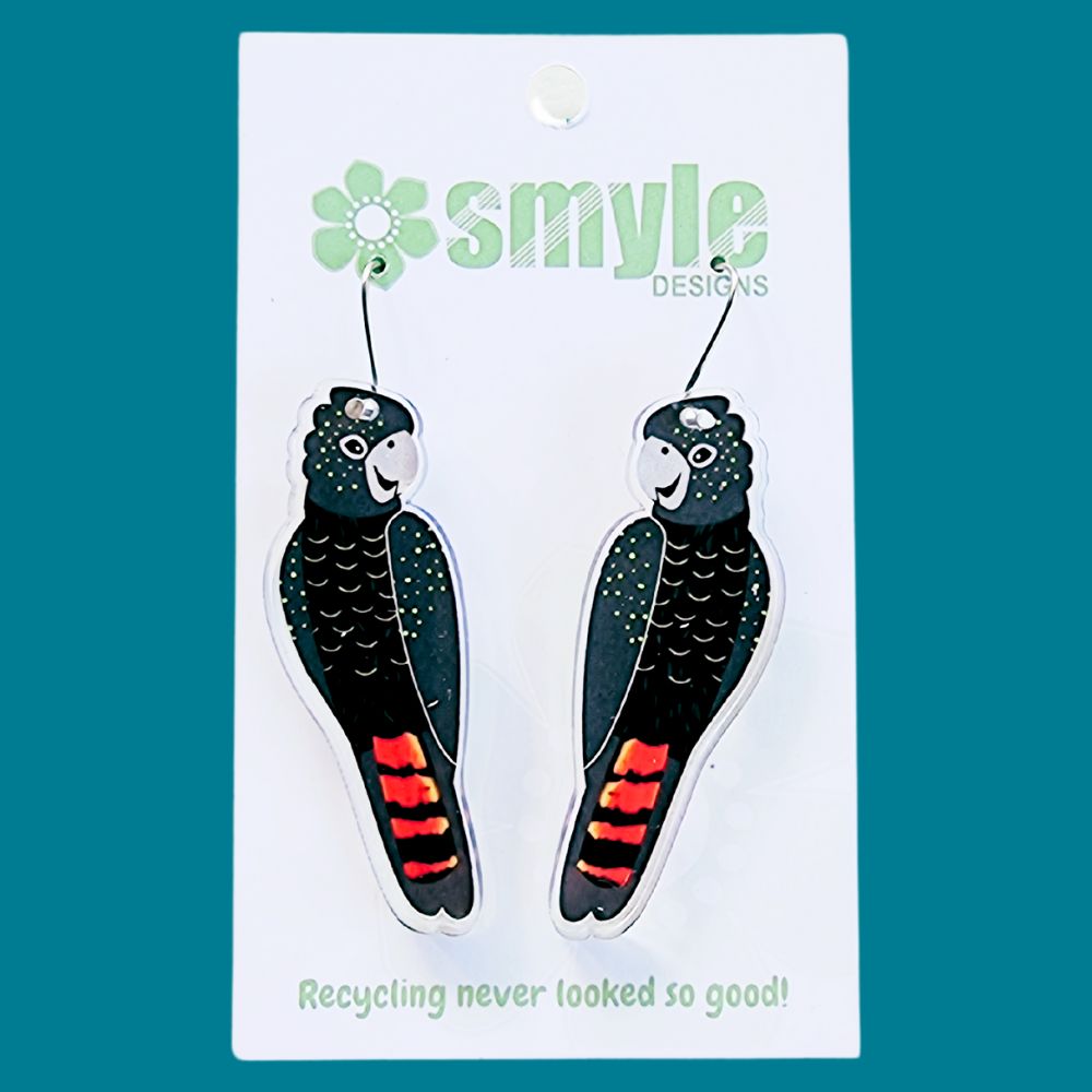 Red Tail Black Cockatoo earrings. Australian made earrings. Best eco gift for bird lovers. Suits sensitive ears.