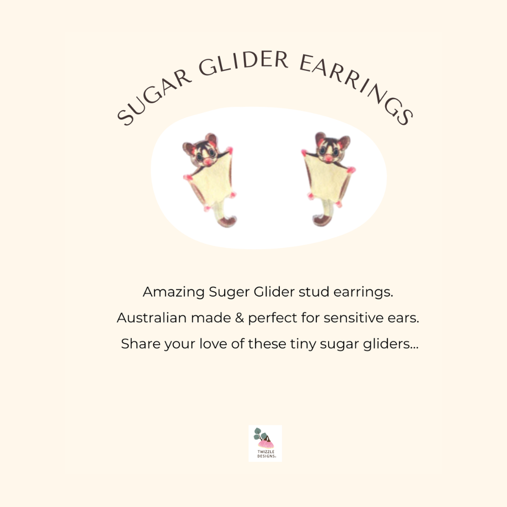 Sugar Gliders are so sweet and these stud earrings are a perfect gift. Australian Made. Suits sensitive ears.
