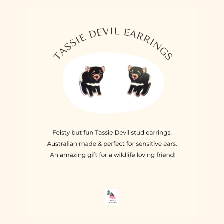 Tassie Devil stud earrings made in Australia. Recycled and Upcycled wildlife earrings. Perfect for sensitive  ears. 