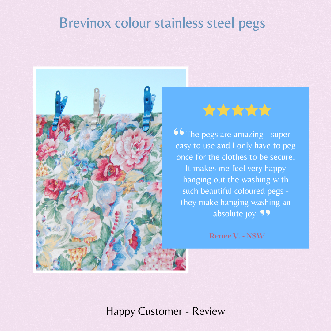 5 Star Review for Brevinox colour Stainless Steel pegs. Lifetime guarantee. Mint peg, yellow peg, white peg, pink peg, blue peg, orange peg, black peg, red peg, purple peg, Turquoise-Jade Peg. Brevinox colour peg sets exclusive to Twizzle Designs.