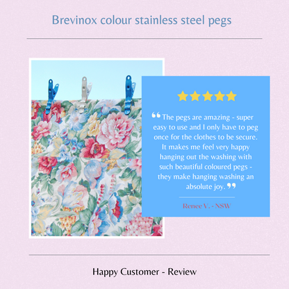 Happy customer Review for Colour Brevinox Stainless Steel pegs with Lifetime guarantee. Mint,  yellow, white, pink, blue, orange, black, red, purple, turquoise-Jade Pegs.  Exclusive to Twizzle Designs.
