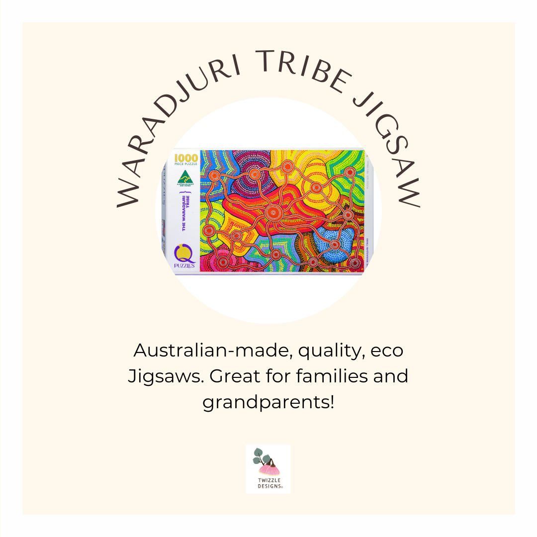 Australian made, eco friendly jigsaw puzzles. The colourful Waradjuri Tribe puzzle is the perfect jigsaw. 