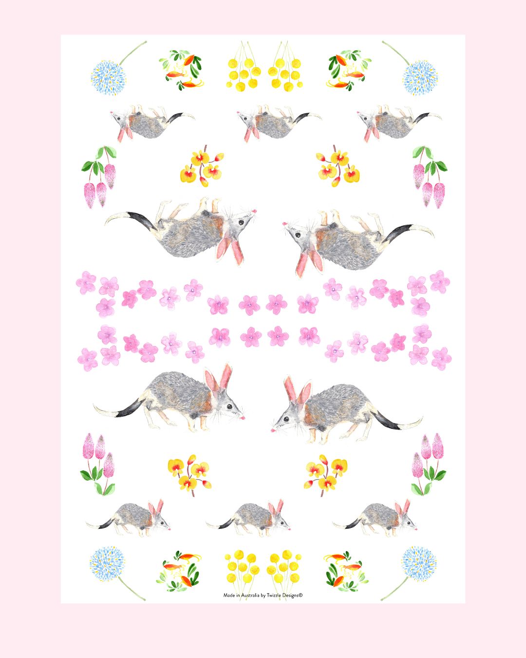 Wildflower Bilby tea towel. Exclusive Twizzle Designs cotton and linen tea towels make the best gift for any occasions. Supports bilby conservation.