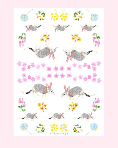 Wildflower Bilby tea towel. Exclusive Twizzle Designs cotton and linen tea towels make the best gift for any occasions. Supports bilby conservation.