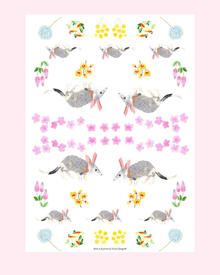 Wildflower Bilby tea towel. Exclusive Twizzle Designs cotton and linen tea towels make the best gift for any occasions. Supports bilby conservation.