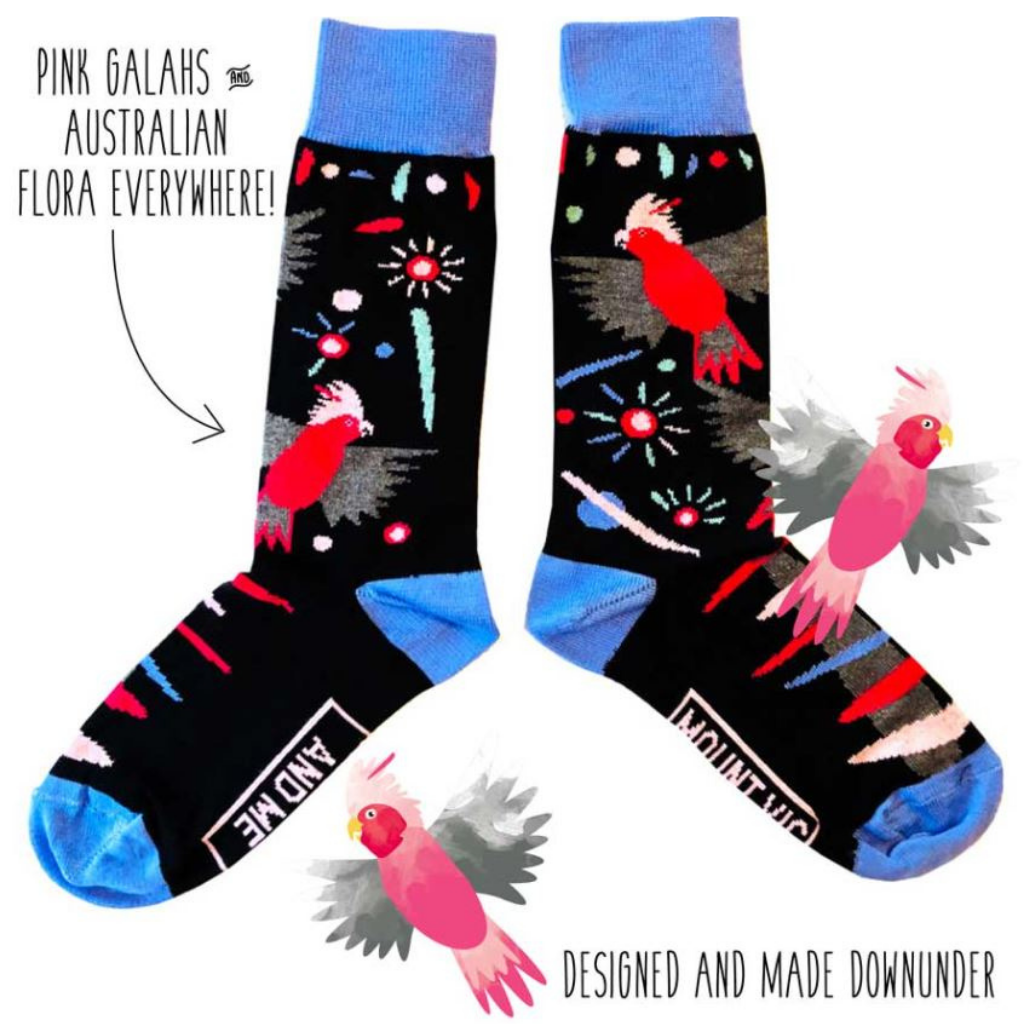 All Australian designed and made pink and grey Galah socks - designed and made downunder. Unqiue gift for hard to buy for friends.  Fun and unuusal gift.