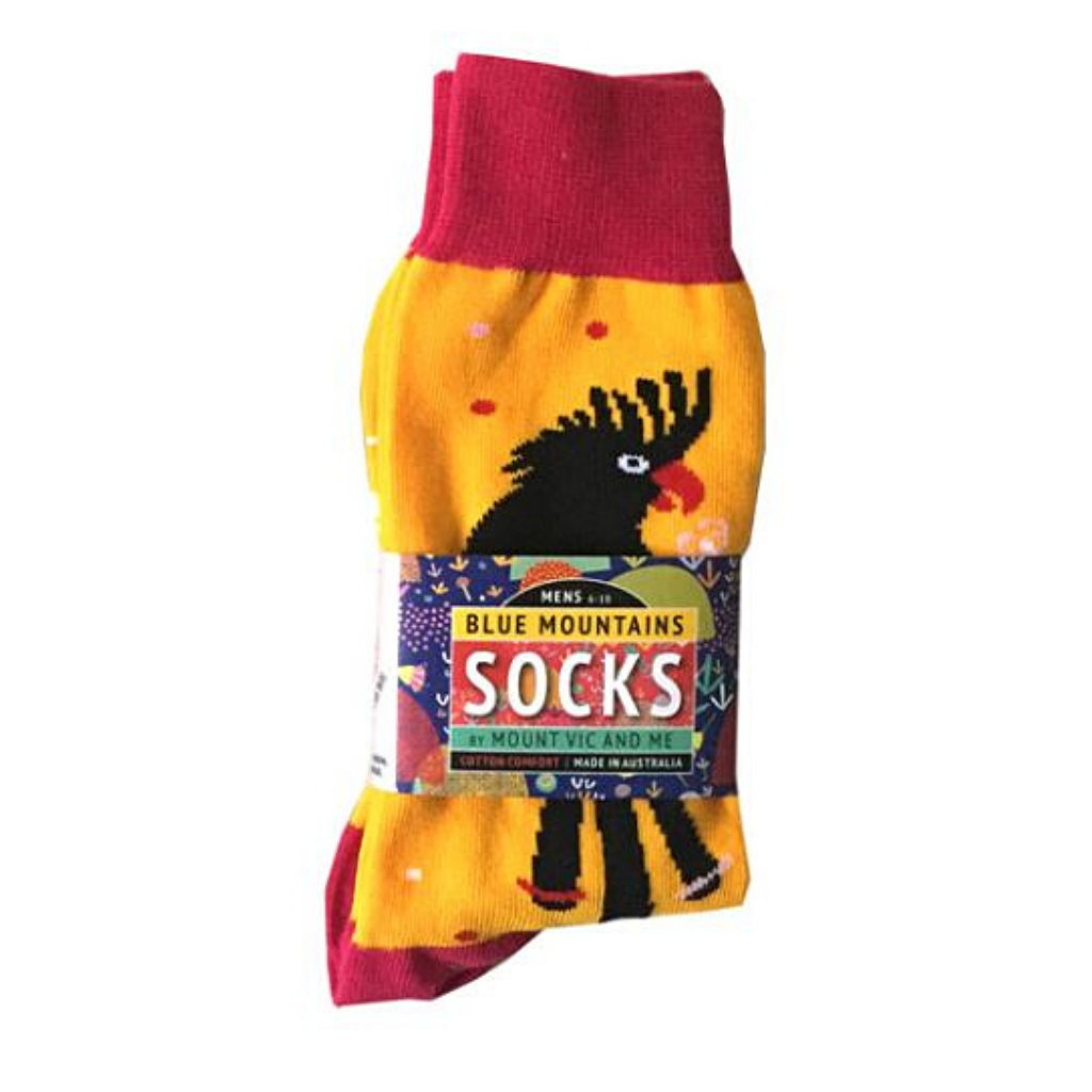 All Australian iconic Black Cockatoo socks - designed and made Downunder for Aussies. Black cockatoo socks with yellow background and red band &amp; heel. Fun socks, bright and comfortable cotton rich socks.