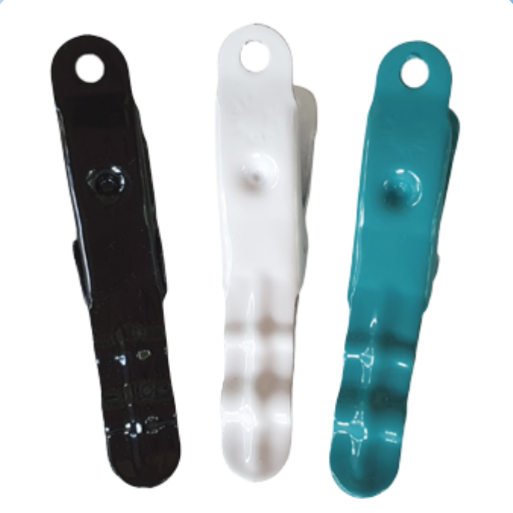 Sample set of black, white and turquoise Brevinox colour stainless pegs. Lifetime guarantee. Other colour pegs include fuchsia pink peg, pink peg, purple peg, orange peg and yellow peg.