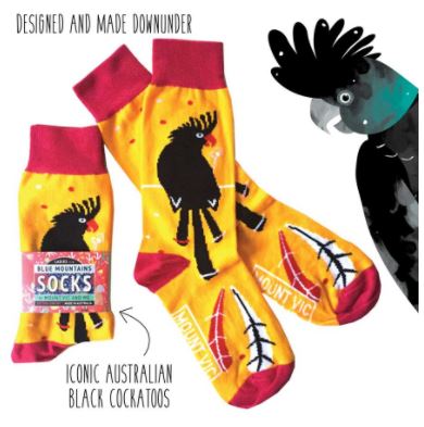 All Australian iconic Black Cockatoo socks - designed and made Downunder for Aussies. Black cockatoo socks with yellow background and red band &amp; heel. Fun socks, bright and comfortable cotton rich socks.