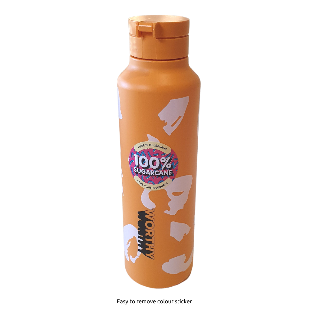 Australian made drink bottles made of natural Sugar Cane. No plastic, no BPA, and No toxins in these drink bottles. Light weight, eco friendly and holds 750ml. Retro Orange colour in retro style bottle.