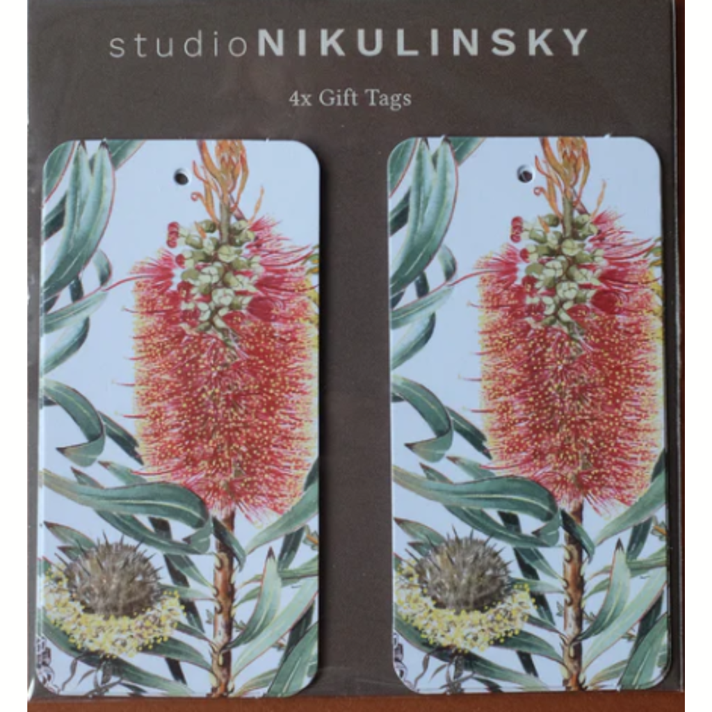 Studio Nikulinsky Native floral gift tags. Red banksia gift tags in 4 pack. Designed and made in Western Australia. Add a gift tag to your gift.