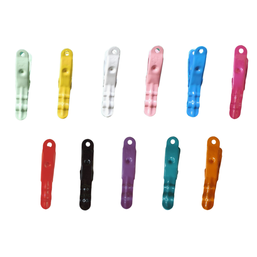 Sample Brevinox clothes pegs available only from Twizzle Designs. Lifetime guarantee - will not bend, rust, break or flake! Sample pack. Pink pegs, White pegs, Blue Pegs, Red pegs, Mint pegs, Yellow Pegs., Black, Purple, Fuchsia Pink, Jade and Orange pegs.