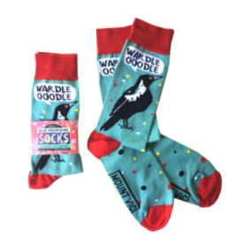 All Australian warbling Magpie song socks - designed and made in Australia. Unique and fun socks for bird lovers. Great gift for magpie fans. Happy magpie socks.