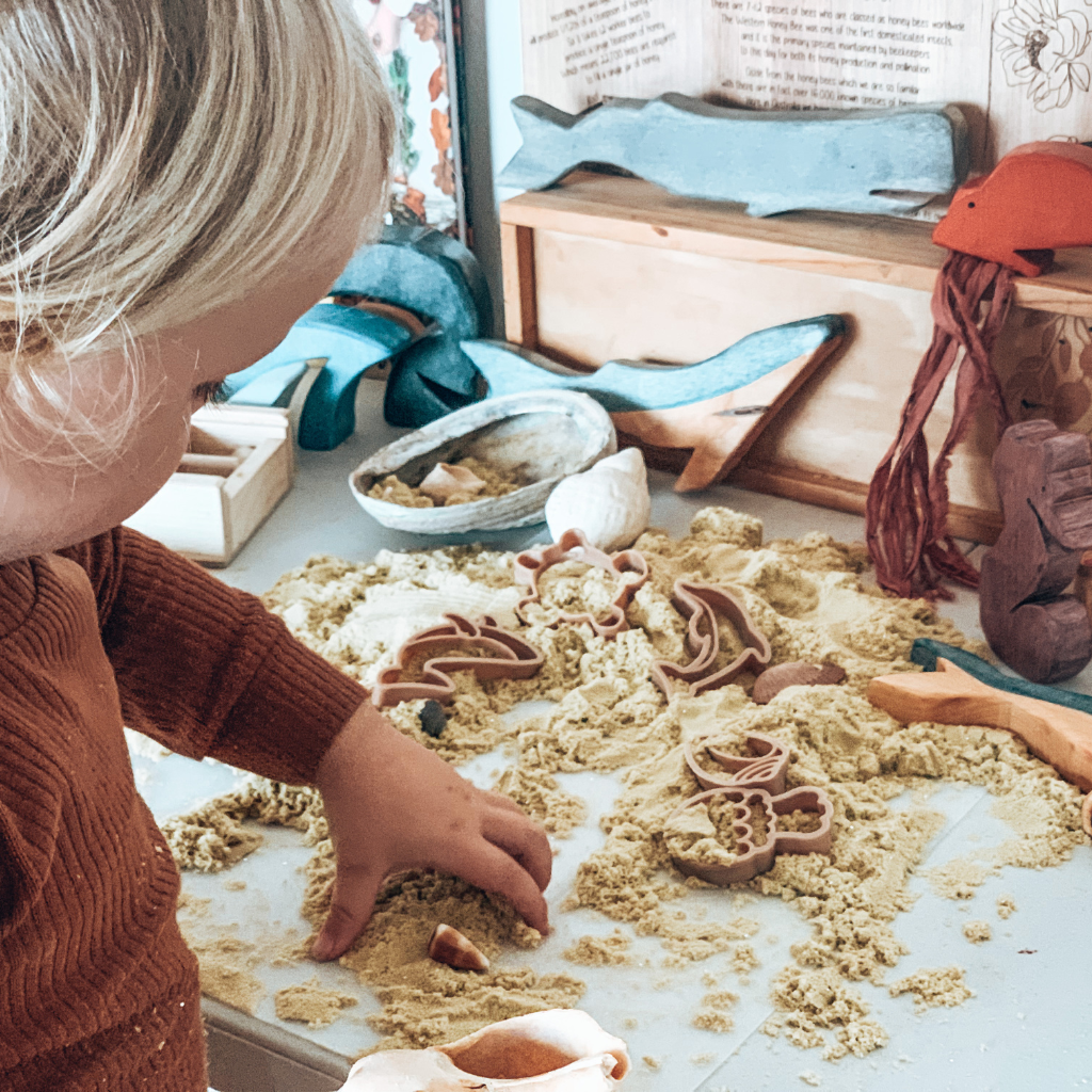 Young child using the Under the Sea Eco Cutter set to discover the oceans and marine life. Australian made, all natural Eco Cutters which are biodegradable. Spark your child’s imagination with nature toys, from Kinfolk Pantry.