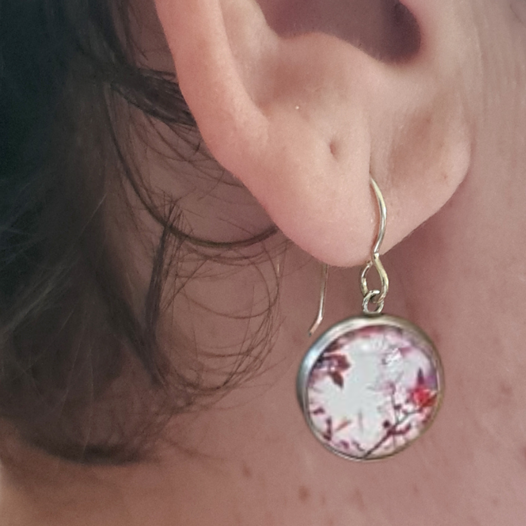 Pink  Blossom silver drop earrings Handcrafted silver drop earrings made in Tasmania with sustainable stainless steel backs, recycled silver posts, original photographic artwork and glass cover. Eco Friendly gift made in Australia.