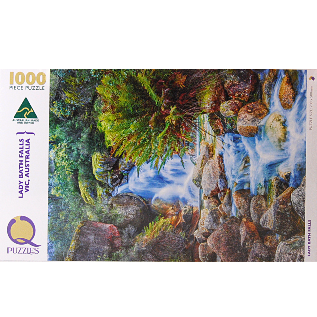 Australian made eco friendly Lady Bath Falls jigsaw puzzles 1,000 piece.  Unusual and different gifts. 