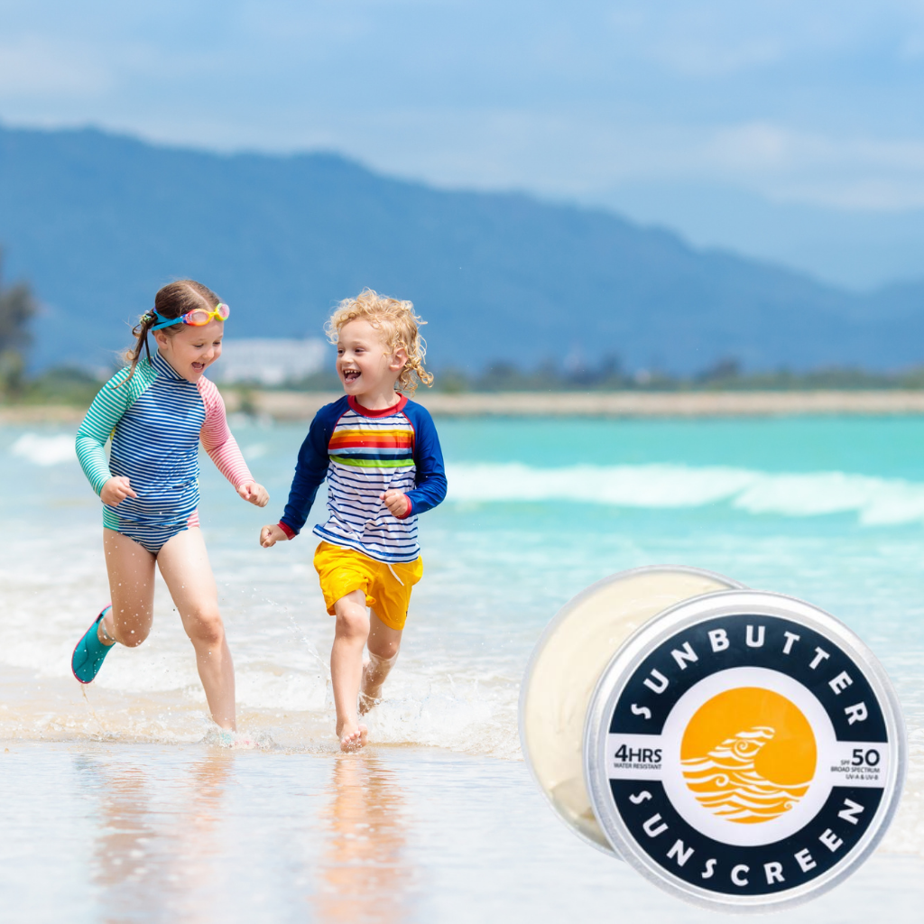 Sunbutter - SPF50 Australian made sunscreen. Safe for your family, the reef, the ocean and beaches. Sunscreen that rubs in clear. All natural. sunscreen., non-nano zinc SPF50 sunscreen.