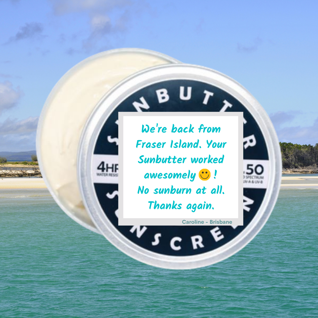 Australian made Sunbutter SPF50 zinc family sunscreen - all natural - in reusable and recyclable tin. Best sunscreen for beach or island holidays, lasts 4 hours. SPF50 natural sunscreen. Vegan friendly, cruelty free and TGA approved. Made in Australia by solar power. 
